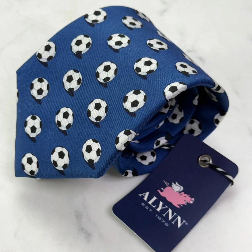 ALYNN Men's Silk Necktie Sport Preppy Novelty Football Soccer Tie Blue NWT